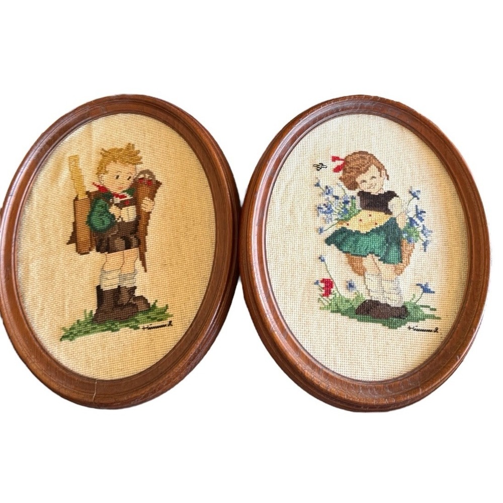 VINTAGE PAIR OF HUMMEL Boy and Girl Needlepoint Oval Framed Pictures